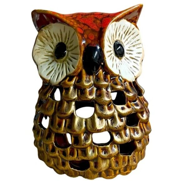OWL Candle Lantern super color glazed ceramic big eyes feathers 6.75” tall - Picture 1 of 12